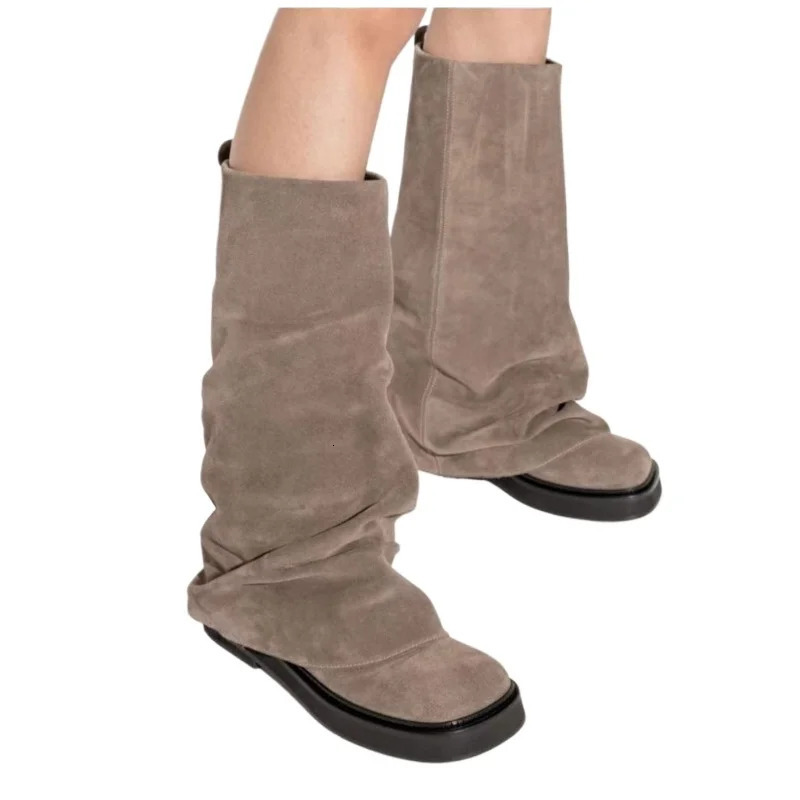 Fashion Autumn And Winter Round hot Head Long Leather shoes Metal Knight Fold Flat Boots Punk Style 241212