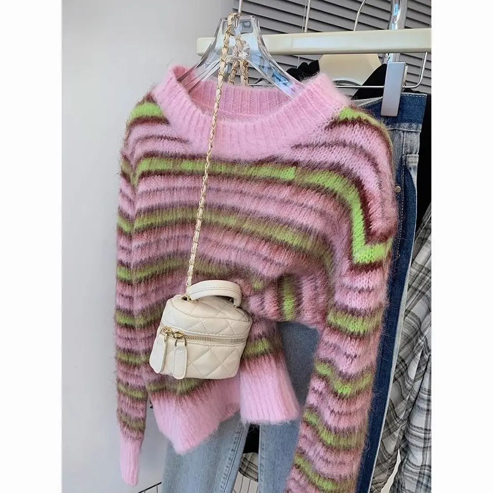 Korej Pull Womens Colored Blocked Striped Artificial Mink Sweater Autumn and Winter Retro Knitted Top Casual Zipper Clothing 241212