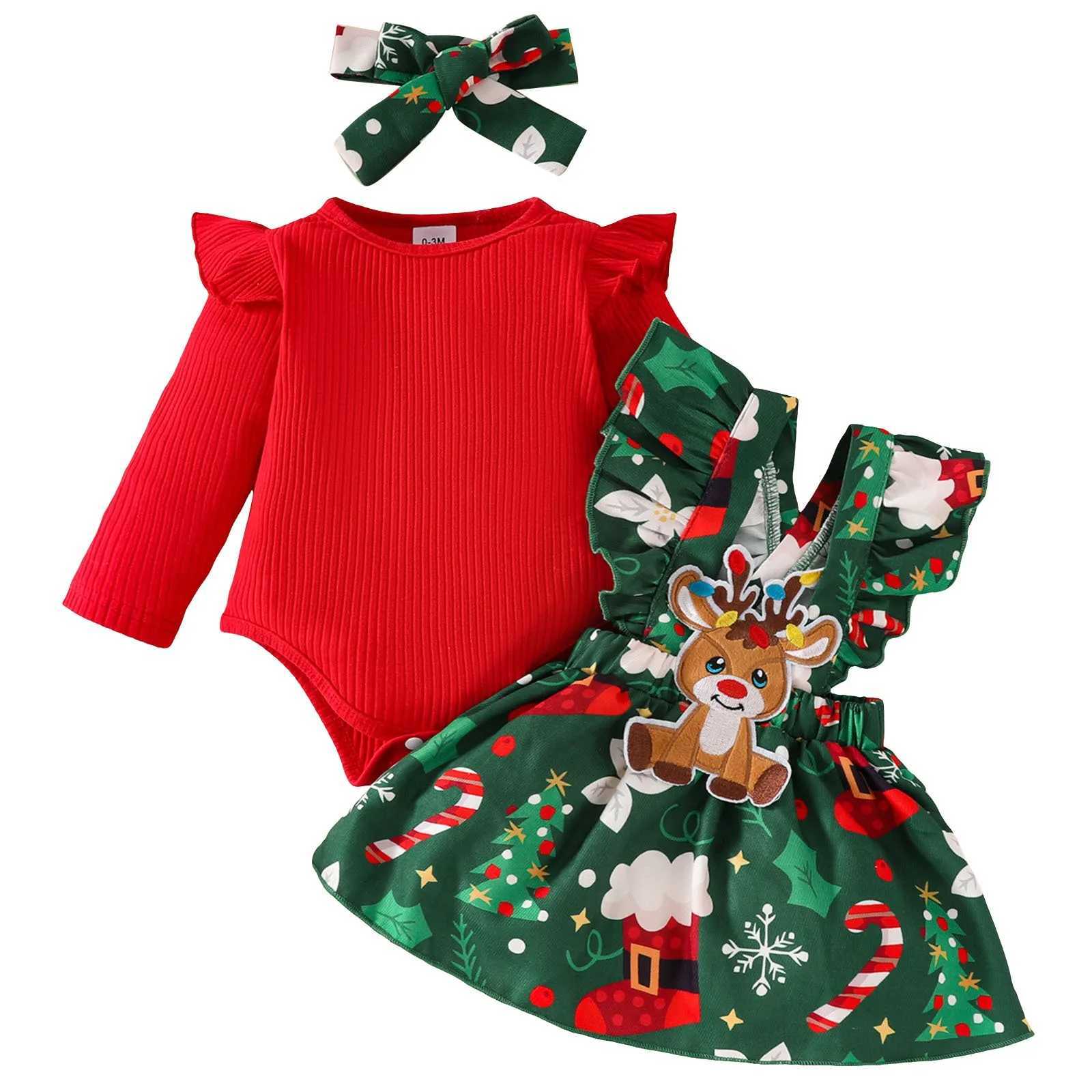 3 pieces of Christmas newborn baby clothing set Christmas set long sleeved jumpsuit deer Santa Claus skiing headband childrens clothing set W241213
