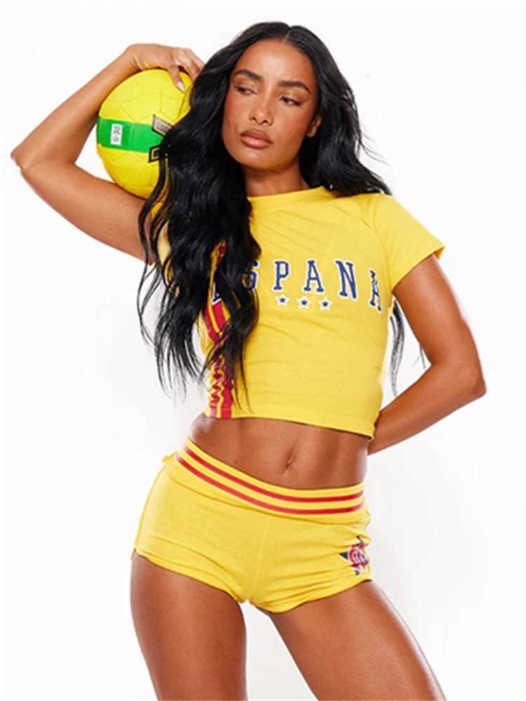 Women's Two Piece Pants WLWXR Summer Letter Print 2 Piece Tracksuit Casual Sporty Outfits For Women 2024 Y2K Yellow Stretch Tight Crop Tops Short