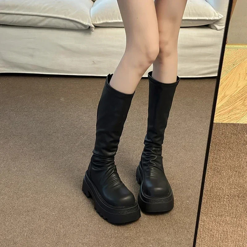 Platform Womens Knee High Boots Fashion Strap Zipper Knight Boots Autumn Womens Thick Boots 241213
