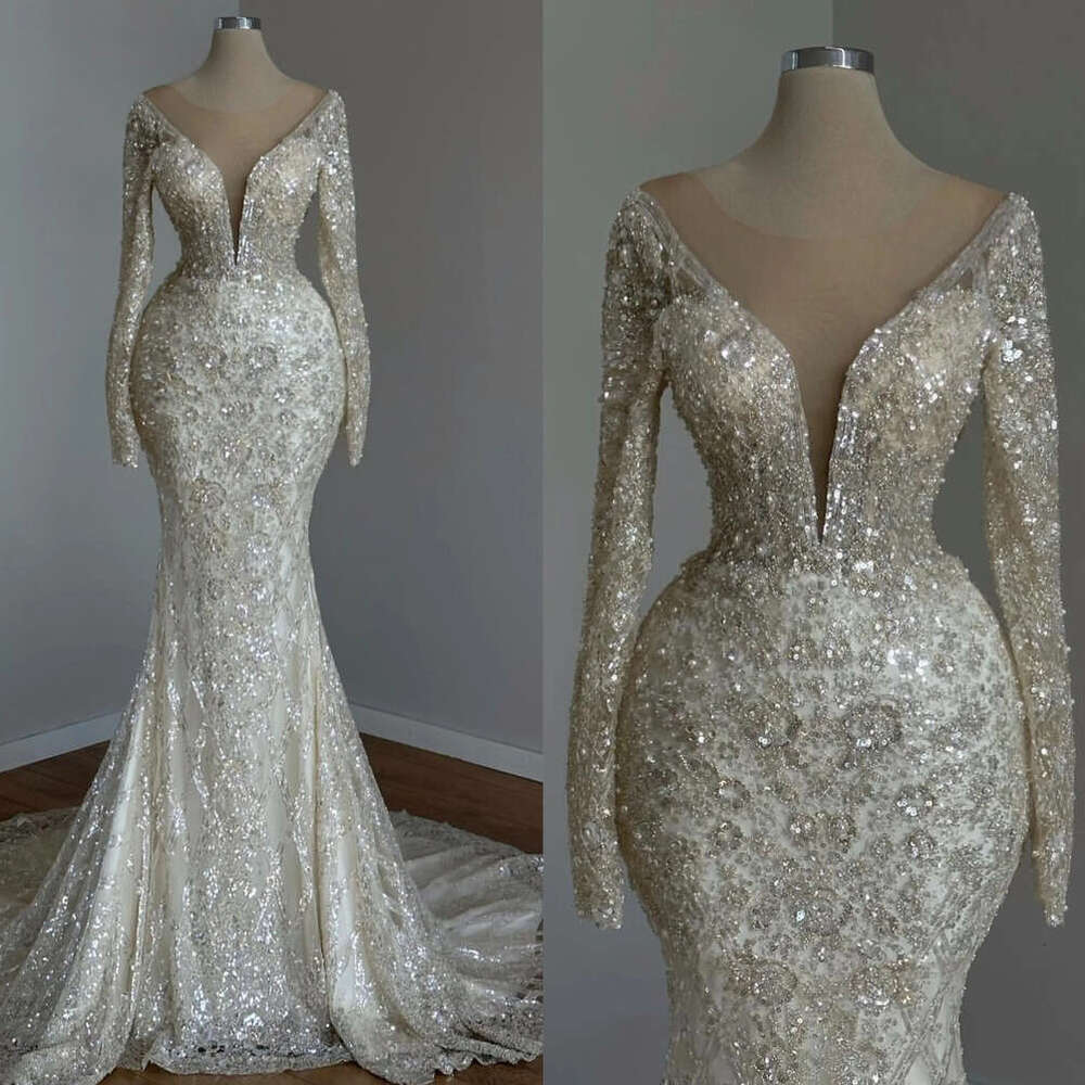 Champagne Chart Light Mermaid Dress Sheer Neck Saudi Arabic Beaded Wedding Dresses Long Sleeves Dubai Bridal Gowns Es