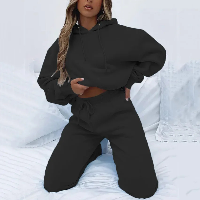 Women Two Piece Sets Tracksuit outfit Hooded Sweatshirts Pocket Drawstring Long Pants Suit Thick Casual Office Lady Autumn 241203