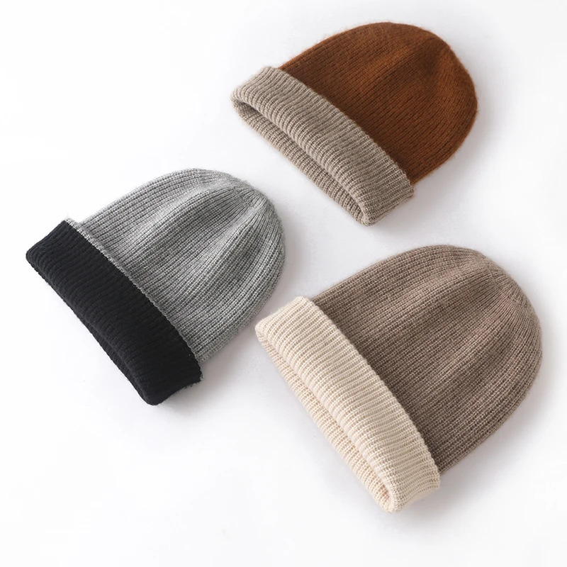 Double sided two tone cashmere hat thick and thick double-layer knitted hat neutral hat Merino wool hat warm hat outdoor hat 241205