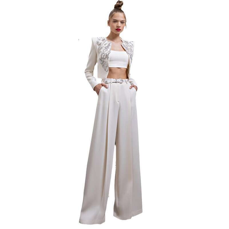 Ladies' Suit HIGH QUALITY Newest Designer Set Women's Dias Rhie Beaded Jacket Wide Leg Pants Suit