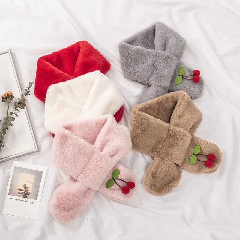 Scarves Wraps Cartoon Cherry Plush Baby Scarves Autumn Winter Warm Furry Infant Toddler Scarf Soft Thick Faux Fur Newborn Girl Boy Neckerchief H241213
