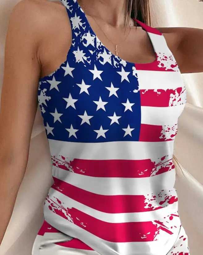Women's Two Piece Pants Two Piece Sets Womens Outifits 2023 Summer Fashion Star-Spangled Banner Print U-Neck Slveless Tank Casual Daily Shorts Se