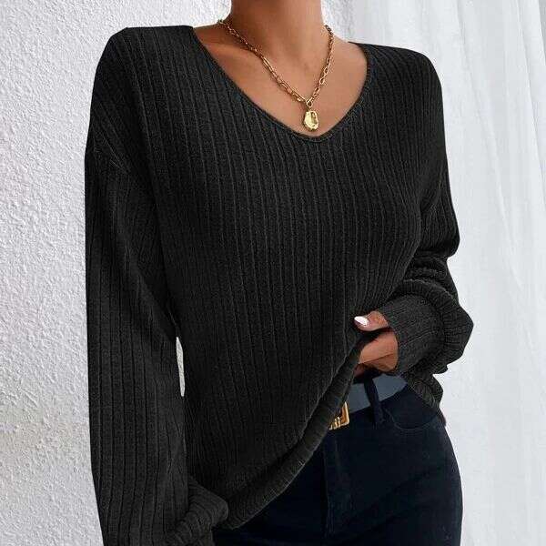 2023 Autumn New Loose Knitted Shirt European and American Style V-neck Falg Shoulder Lantern Sleeve T Women