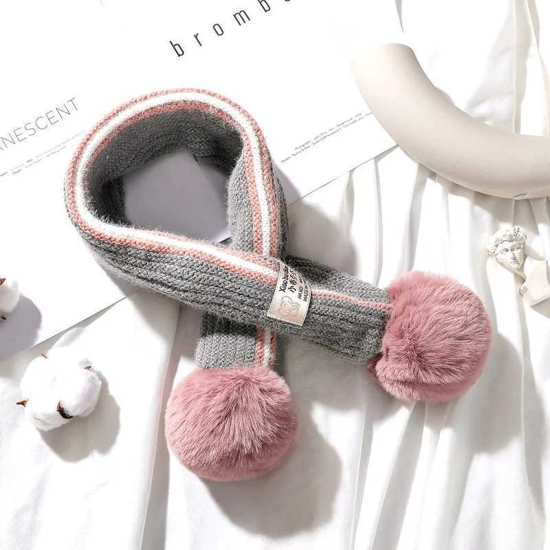 Scarves Wraps Children Scarf Knitted Winter Cashmere Soft Scarf Baby Boys Girls Lovely Fur Pom-pom Neckerchief Kids Girl Neck Warmers Scarf H241213
