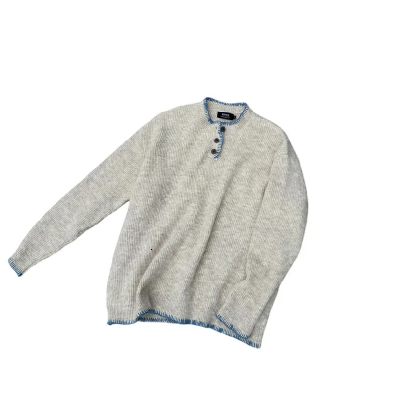 Korean Knit Sweater Retro Streetwear Loose Crew Neck Long Sleeve Knitted Pullover Winter Warm Henry Collar Top 241213