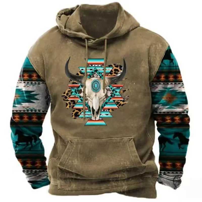 North American Demon Wendigo Printed Hoodie Western Cowboy Hoodie Sportswear Daily Casual Over Floral Retro Streetwear W250108