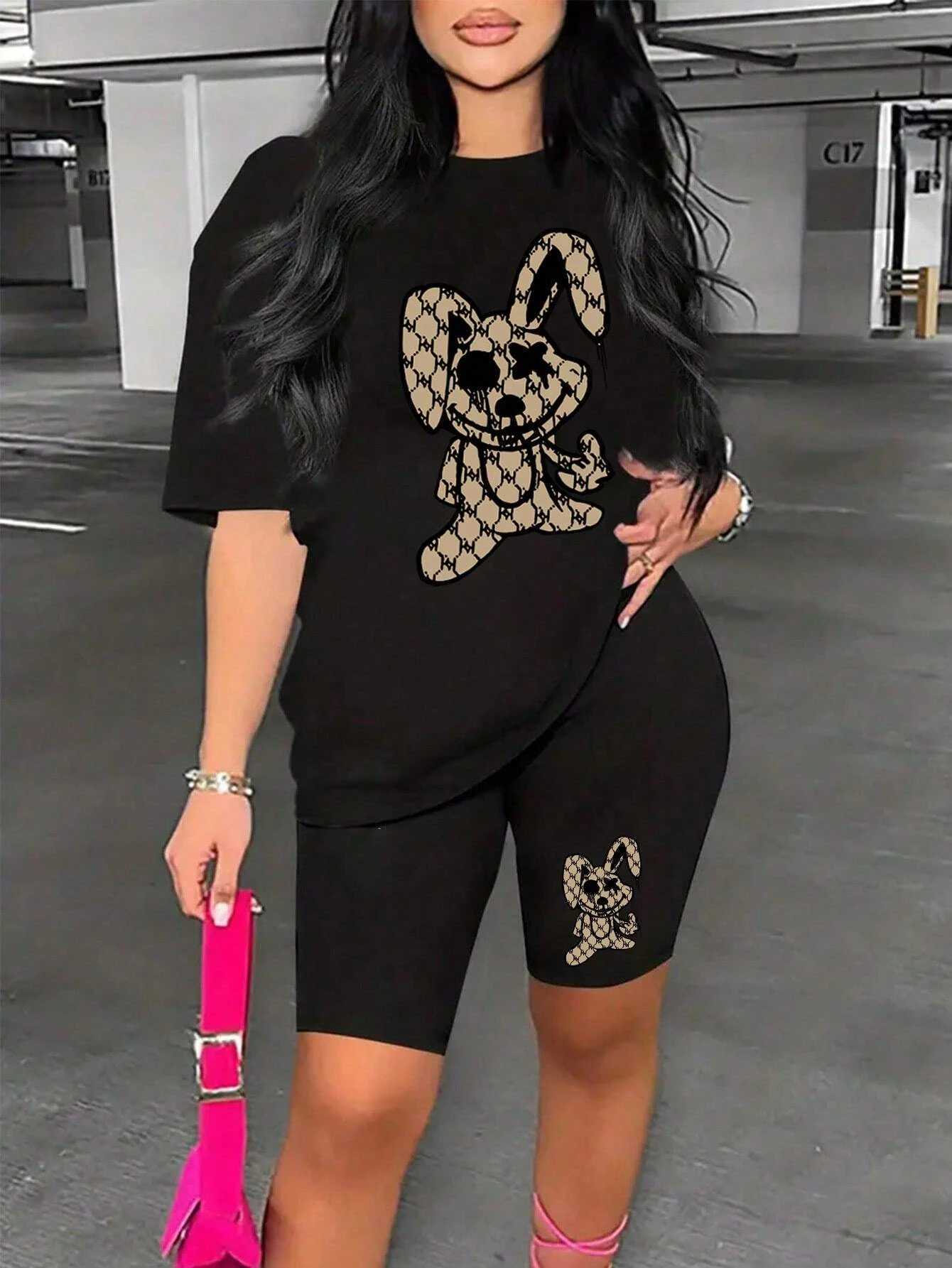 Women's Two Piece Pants Cute Rabbit Cartoon Printing Women T Shirts Two Piece Set Fashion Novel Short Sets Summer Breathable Loose Shirt Shorts F