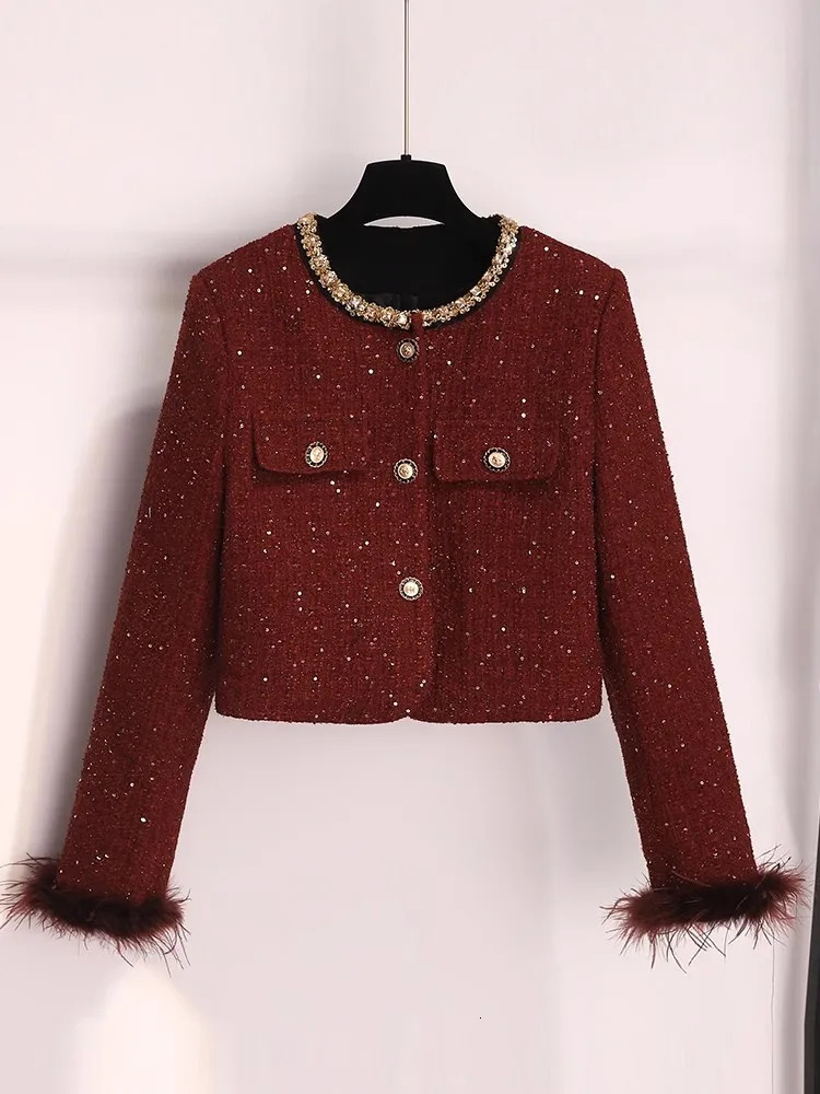 High quality French retro coarse woolen twopiece set womens jacket jacketski suit autumnwinter Christmas 2piece 241211