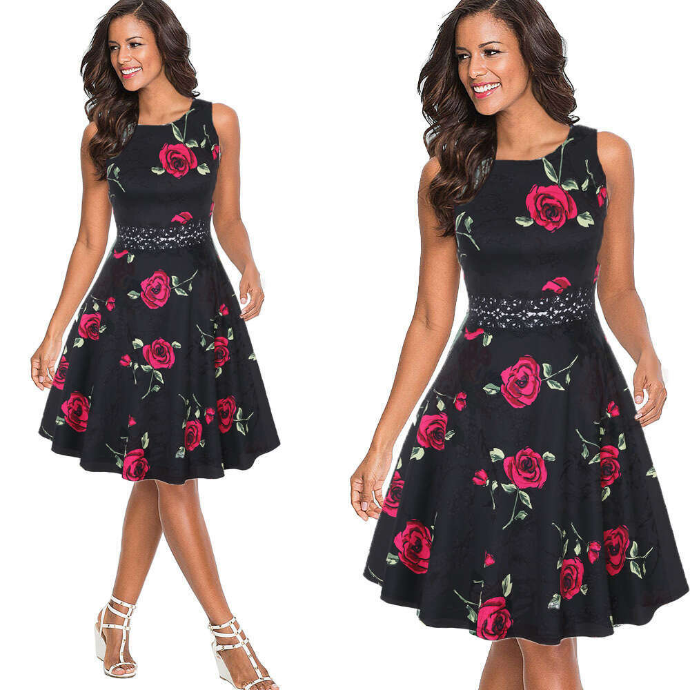 European And American Women's New Round Neck Sleeveless Lace Patchwork Printed Large Swing Skirt Dress, Fashionable Quality Classic