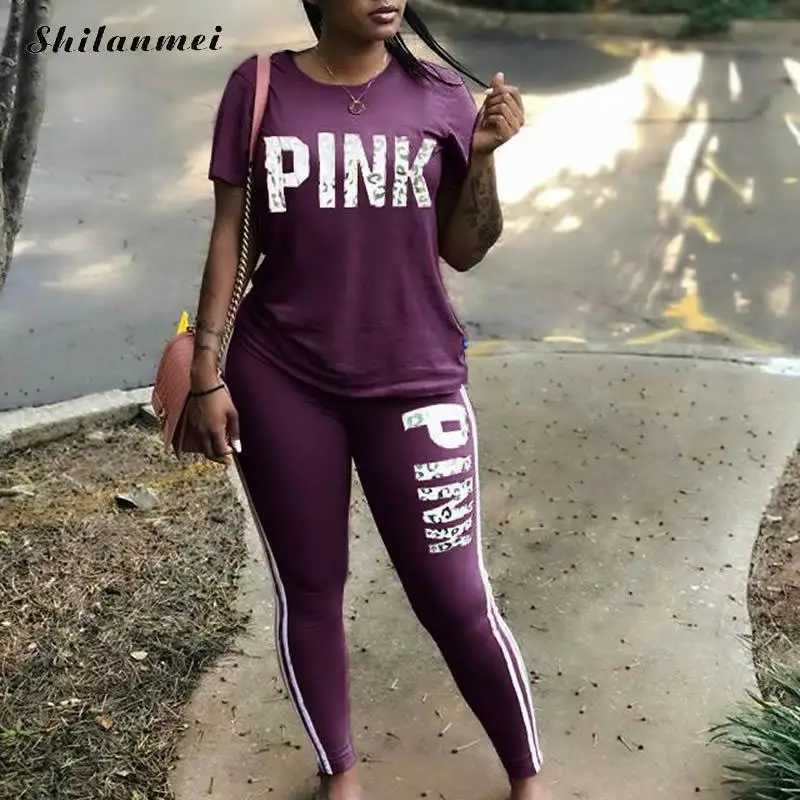 Women's Two Piece Pants 2022 New Letter Print Sweatsuit Women Suit Short Slve Tops Skinny Pant Two Piece Tracksuit Summer Casual 2 PCS Set Y24121