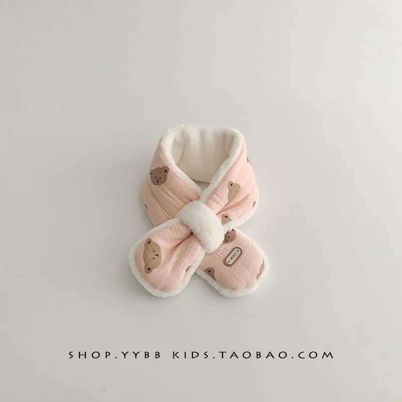 Scarves Wraps Winter Soft Plush Baby Scarf Cartoon Bear Warm Thick Faux Fur Neckerchief for Kids Cute Solid Color Cross Scarves H241213