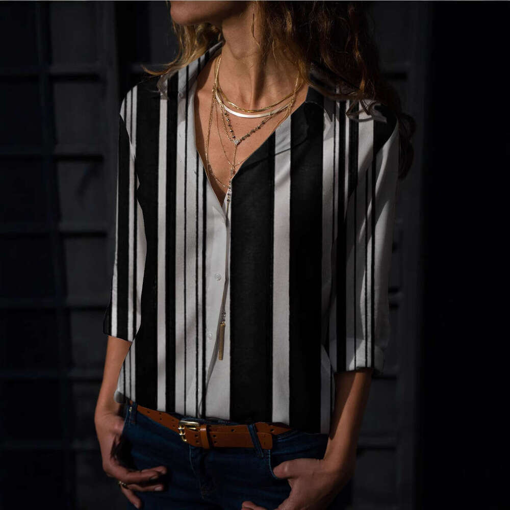 Women's Tops, Digital Long Sleeved Striped Printed Shirts, Trendy Clothing, Fashionable And Casual Temperament