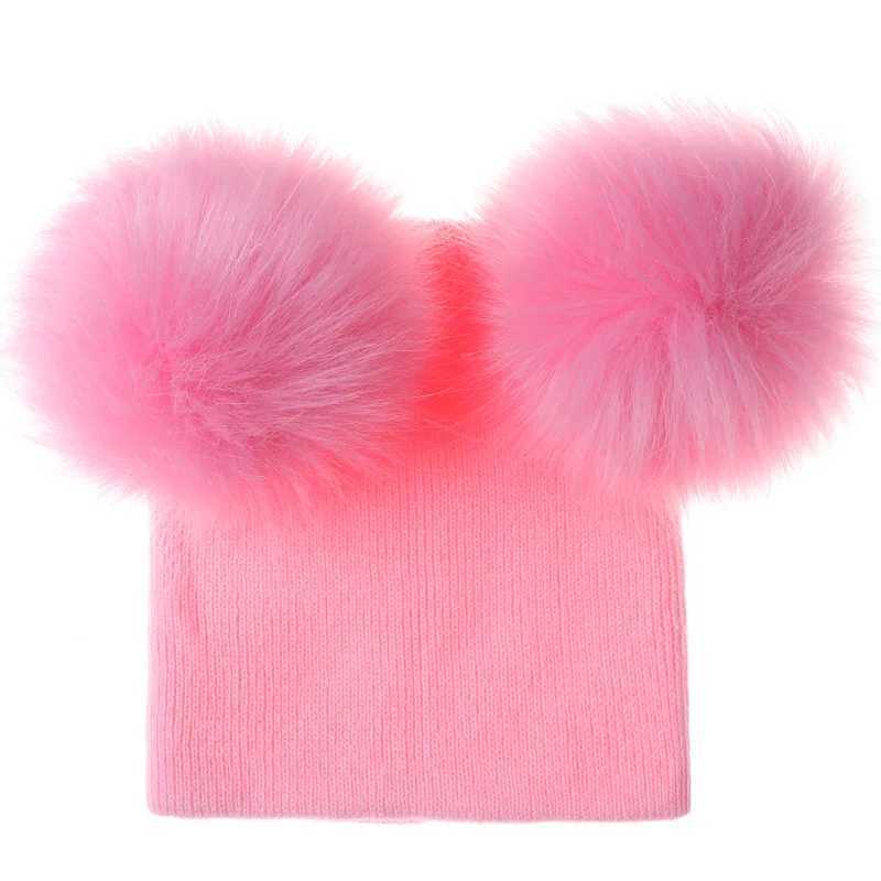 Baby Winter Warm Wool Knitted Beanie Hats Caps Kids Two Fur Pom pom Bobble Ball Beanies Girls Boys Children Hat Cotton Soft CapXJ241213