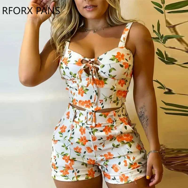 Women's Two Piece Pants Women Chic Spaghetti Straps Cami Button Crop Disty Floral Pattern Mini Sexy Sashes Zipper Short Sets Y241213P3W3