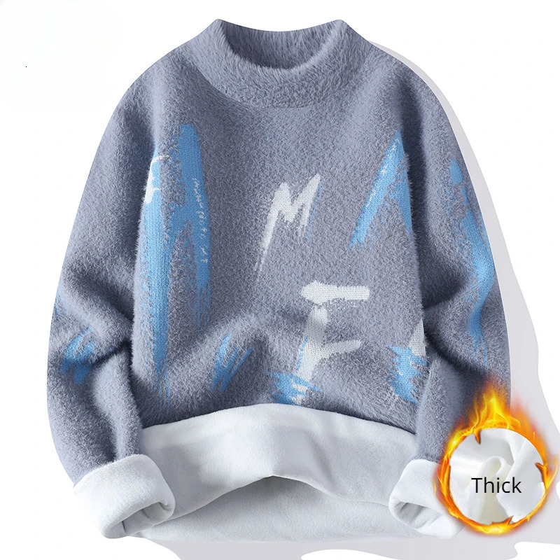 Winter Knitted Sweater Men Letter Fashion Casual Knitwear Warm Mock Neck Pullover Clothing Korean Youth 241213