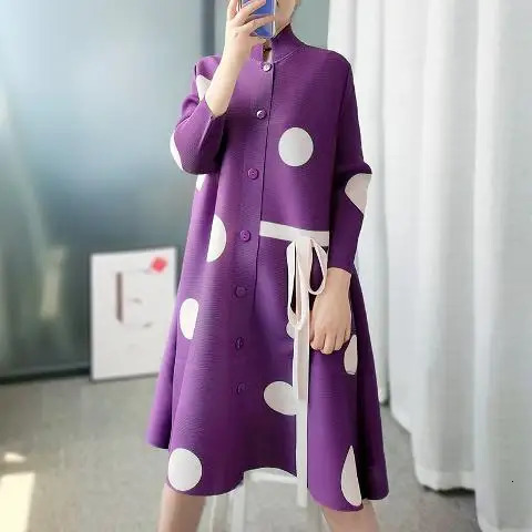 Wool Blends Pleated Ladies Windbreaker Jacket Autumn Singlebreasted Stand Collar Lightly Cooked Print Polka Dot 241213