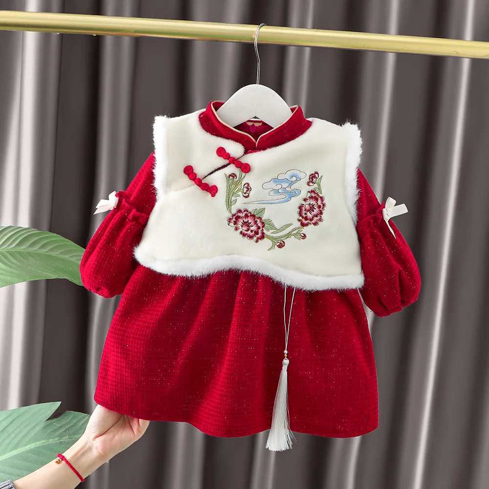 Childrens Winter New Year Thick Set Dress+Tank Top Cotton Childrens Round Neck Dragon Embroidered Tang Costume Girl China W241213