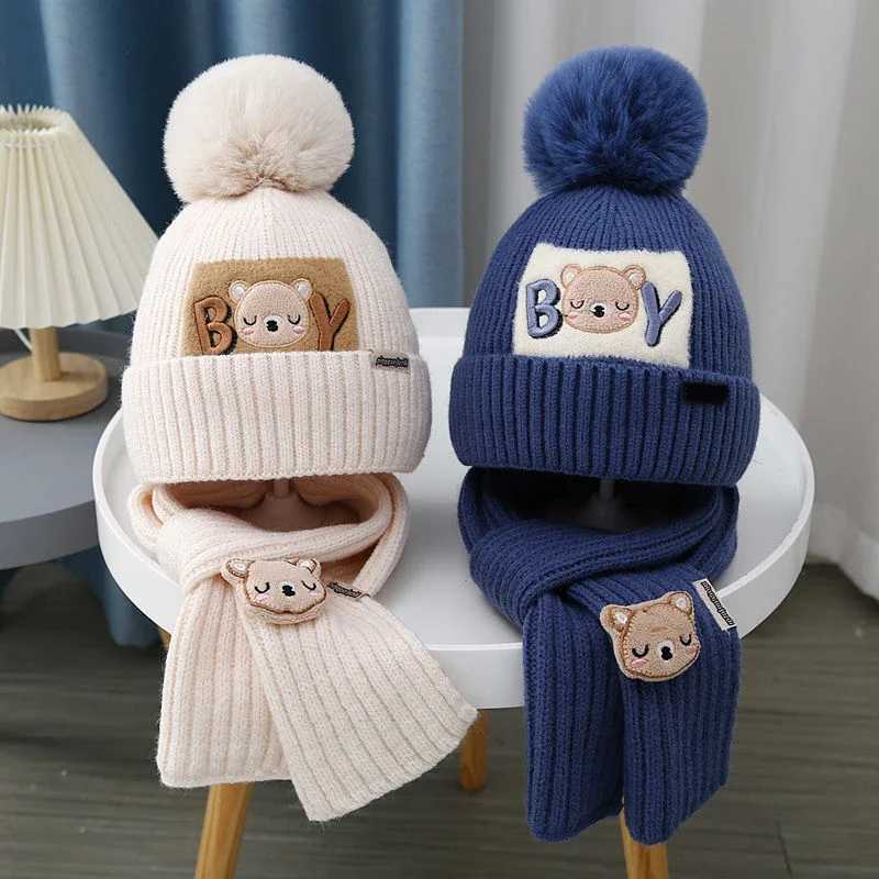 Winter Children Scarf Beanie Set 1-6year Baby Thick Woolen Knitted Hat Cute Kids Ear Protection Cap Toddler NeckerchiefsXJ241213