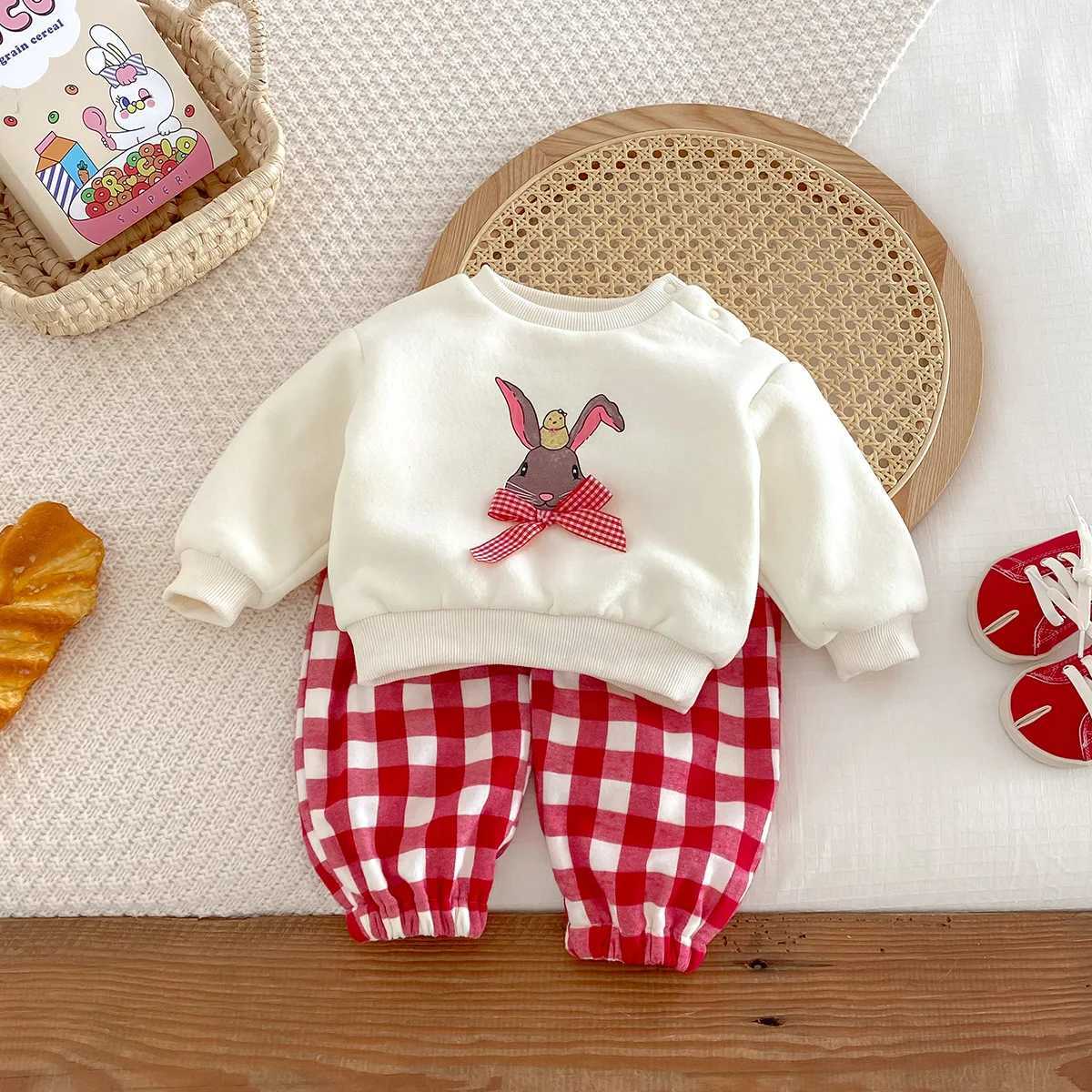UNIFEMEN 2024 Winter Baby Girls 2PCS Clothing Set Cotton Rabbit Knot Top Wool Flat Pants Set Preschool Girls Track and Field Clothes W241213