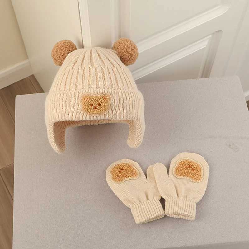 Cute Bear Pompom Baby Hats Gloves Set Winter Knit Beanie and Mittens for Girls Boy Crochet Weather Caps Baby AccessoriesXJ241213