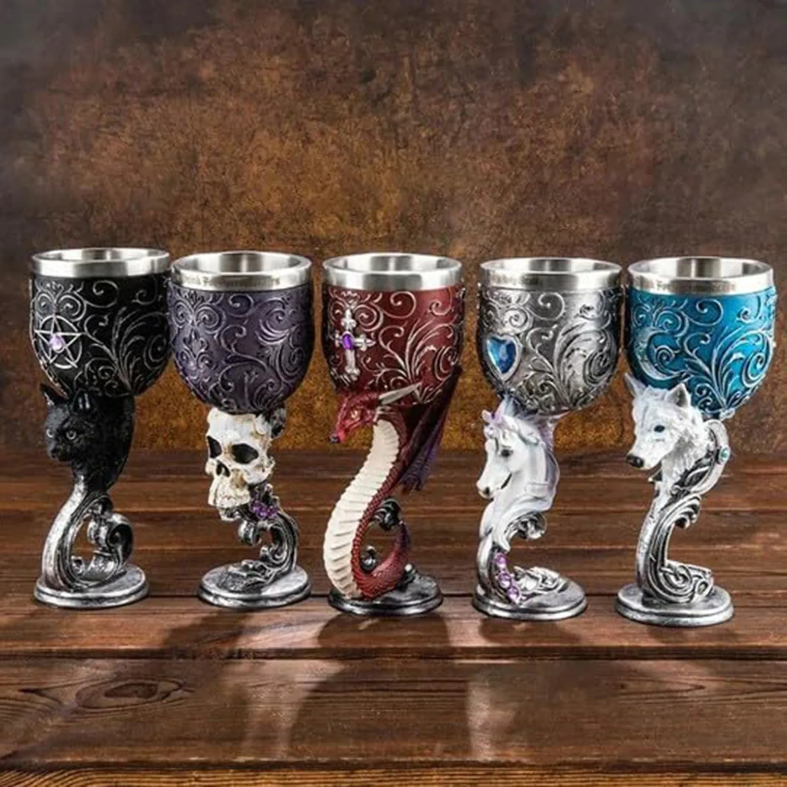 3D Carved Vintage Gothic Champagne Glass Handmade Stainless Steel Vintage Wine Glass 3D Carved Water Goblet Retro Wine Cup 241212