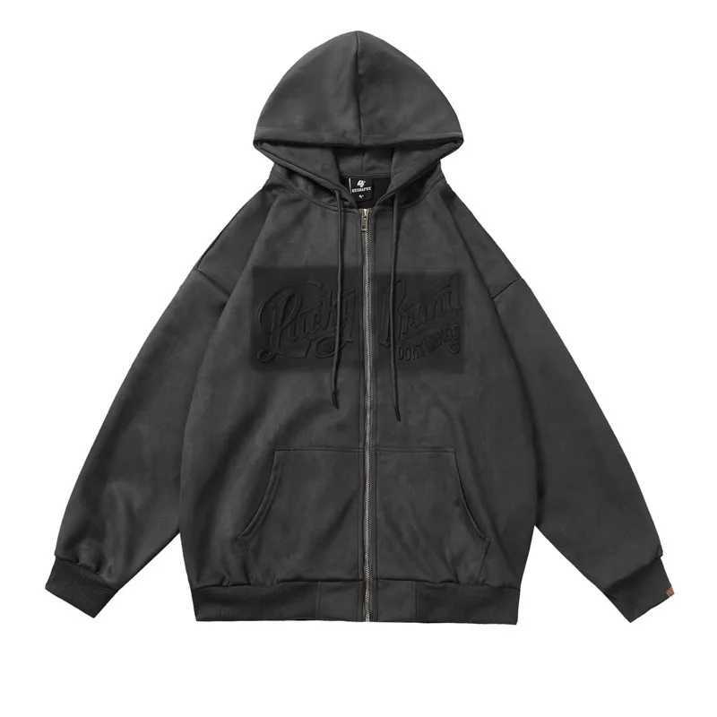Mens and womens retro couple loose jacket American high street suede steel stamp letter graffiti cardigan hooded sweatshirt W241213