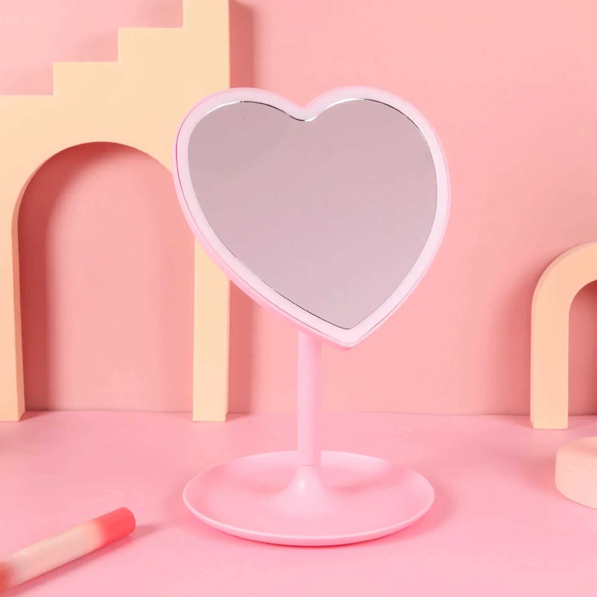 Heart Shape LED Makeup Mirror With 3 Colors Lighting and Stand Desktop Rechargeable Cosmetic Vanity Mirror Portable LightedXJ241213