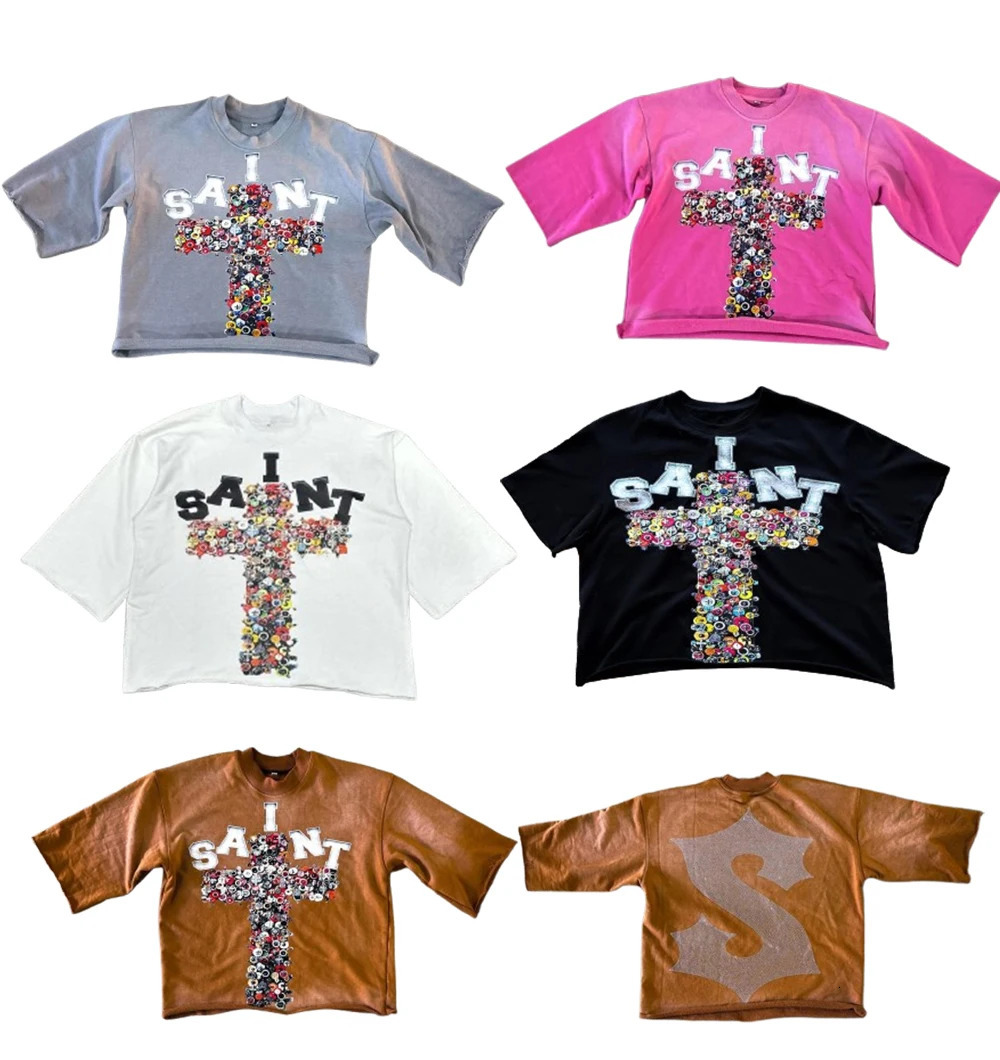 Streetwear TShirt Y2K Clothes Harajuku Hip Hop Retro Cross Print Rhinestone Graphic Oversized T Shirt Men Women Short Sleeve Top 241213