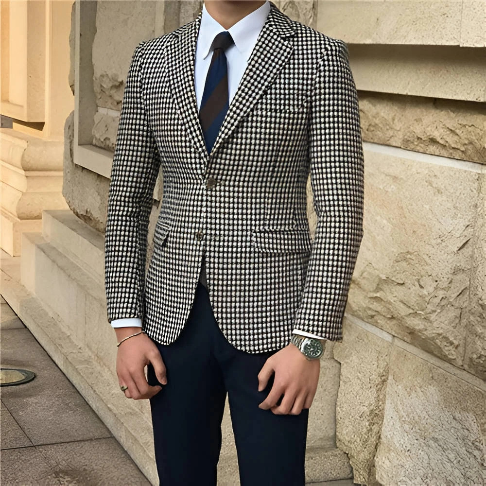 Houndstooth Plaid Casual Blazer For Men One Piece Suit Jacket With 2 Side Slit Slim Fit Male Coat Fashion 2024 In Stock