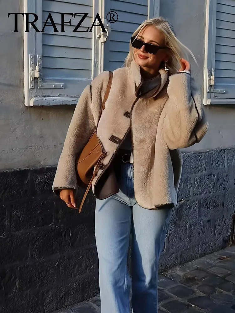 TRAFZA 2024 Winter Female Beige Casual Thick Faux Fur Coat Fashion Woman With Buttons Long Sleeve Fleece Jacket Outerwear 241212