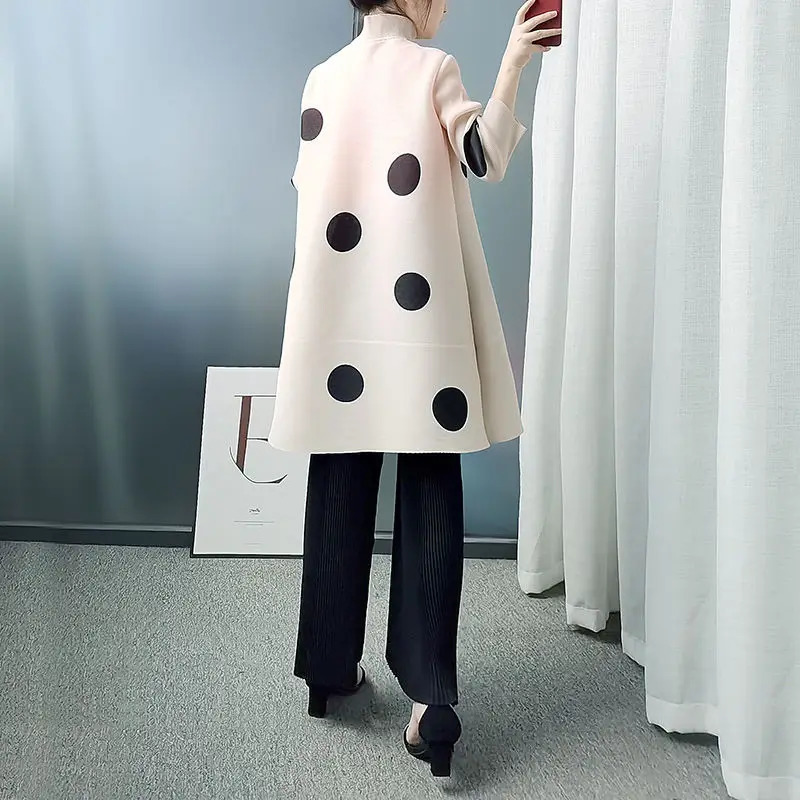 Wool Blends Pleated Ladies Windbreaker Jacket Autumn Singlebreasted Stand Collar Lightly Cooked Print Polka Dot 241213