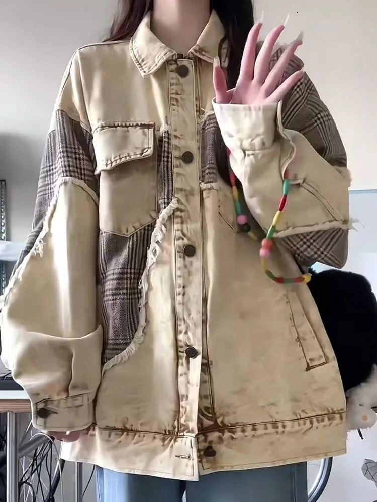 American retro denim jacket plain patch work student irregular edge casual loose autumn Harajuku Y2k streetwear womens clothing 241211
