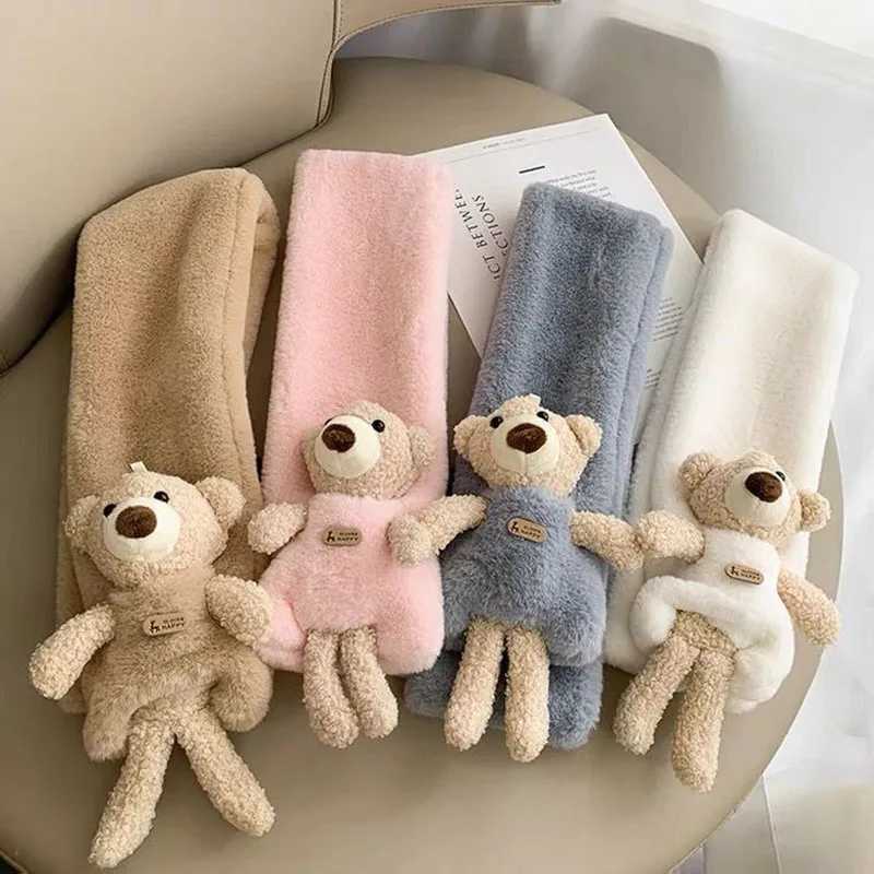 Scarves Wraps Cartoon Bear Kids Cross Scarf Winter Plush Children Warm Neck Collar Thicken Faux Rabbit Fur Baby Scarves Boy Girl Neckerchief H241213