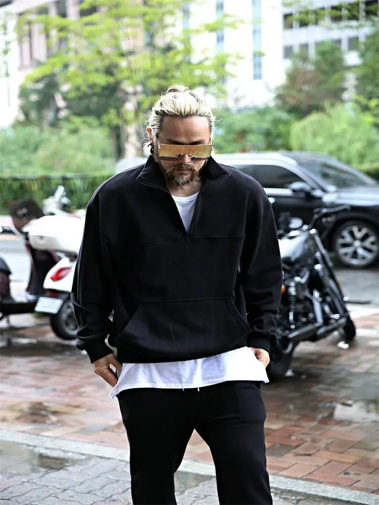 Mens spliced casual long sleeved sweatshirt Korean style plus size fashion vertical collar loose zipper 241211