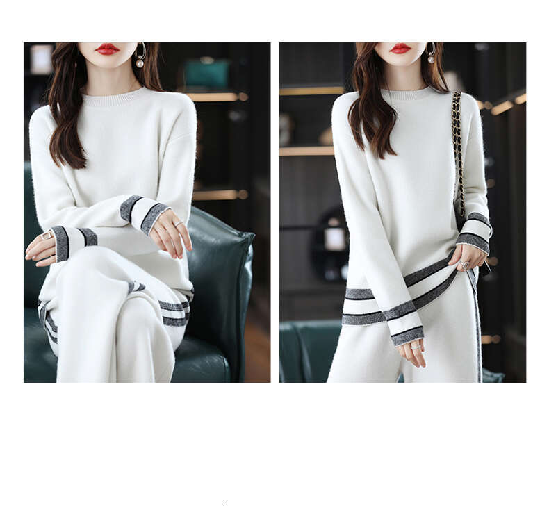 Ladies Suits 100% Merino Wool Women's O-Neck Pullover Autumn/Winter New Fashion Color Matching Casual Two-Piece Suit Female