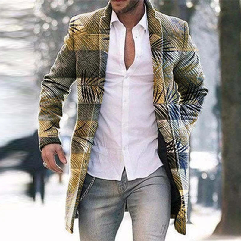 Retro Pattern Print Wool Blend Jackets Men Casual Turndown Collar Thick Man Cardigan Autumn Winter Singlebreasted Trench Coats 241213