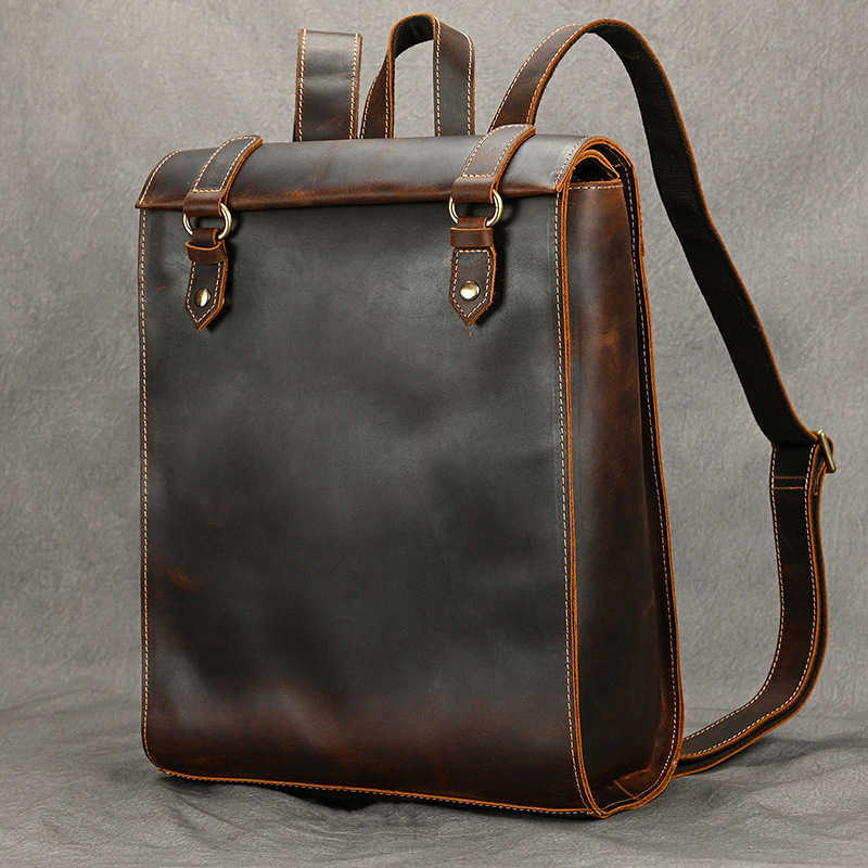 Men's large capacity leather backpack, casual business computer bag, men's crazy horse leather backpack, business travel backpack 241215