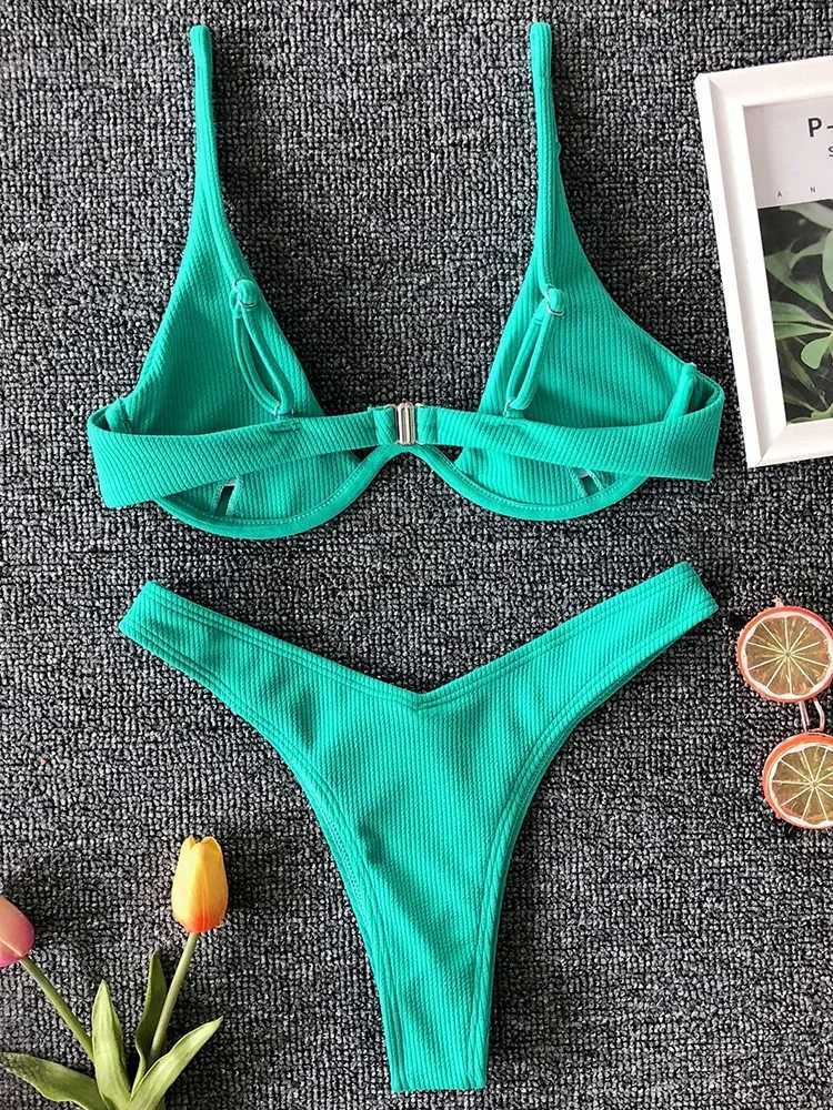 Sexy Neon V-bar Underwired Bikini 2024 Fa Ribbed Swimsuit Women Thong Swimwear Two-pieces Bikini set Push up Bathing SuitXJ241212