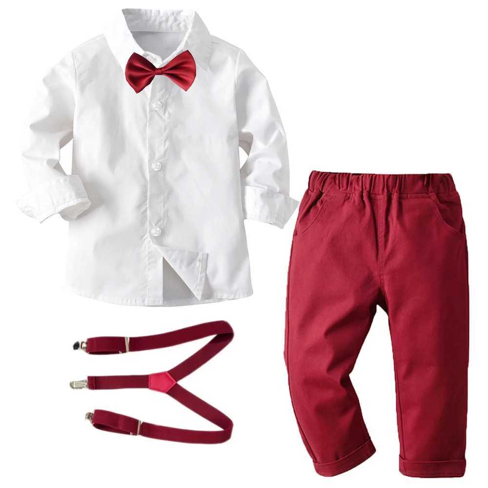 Spring and Autumn Preschool Baby Clothing Pure White Shirt+Red Pants+Belt Childrens Set 1-6 Year Old Boys Set W241213