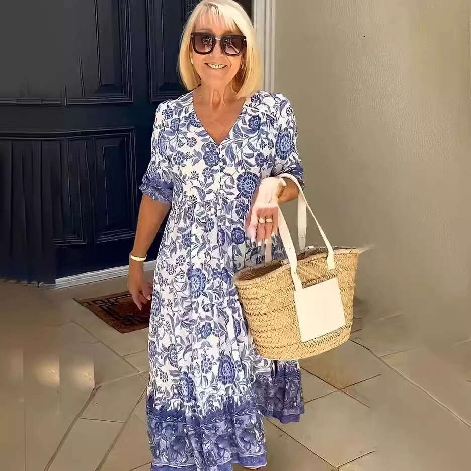 Temperament Commuting V-Neck Short Sleeved Ral Tie Printed Loose Long Dress