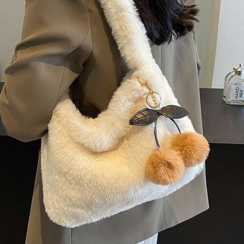 Cute Plush Cherry 2024 Autumn/Winter New Single Shoulder Tote for Women, Internet Celebrity, High end Hairy Crossbody Bag