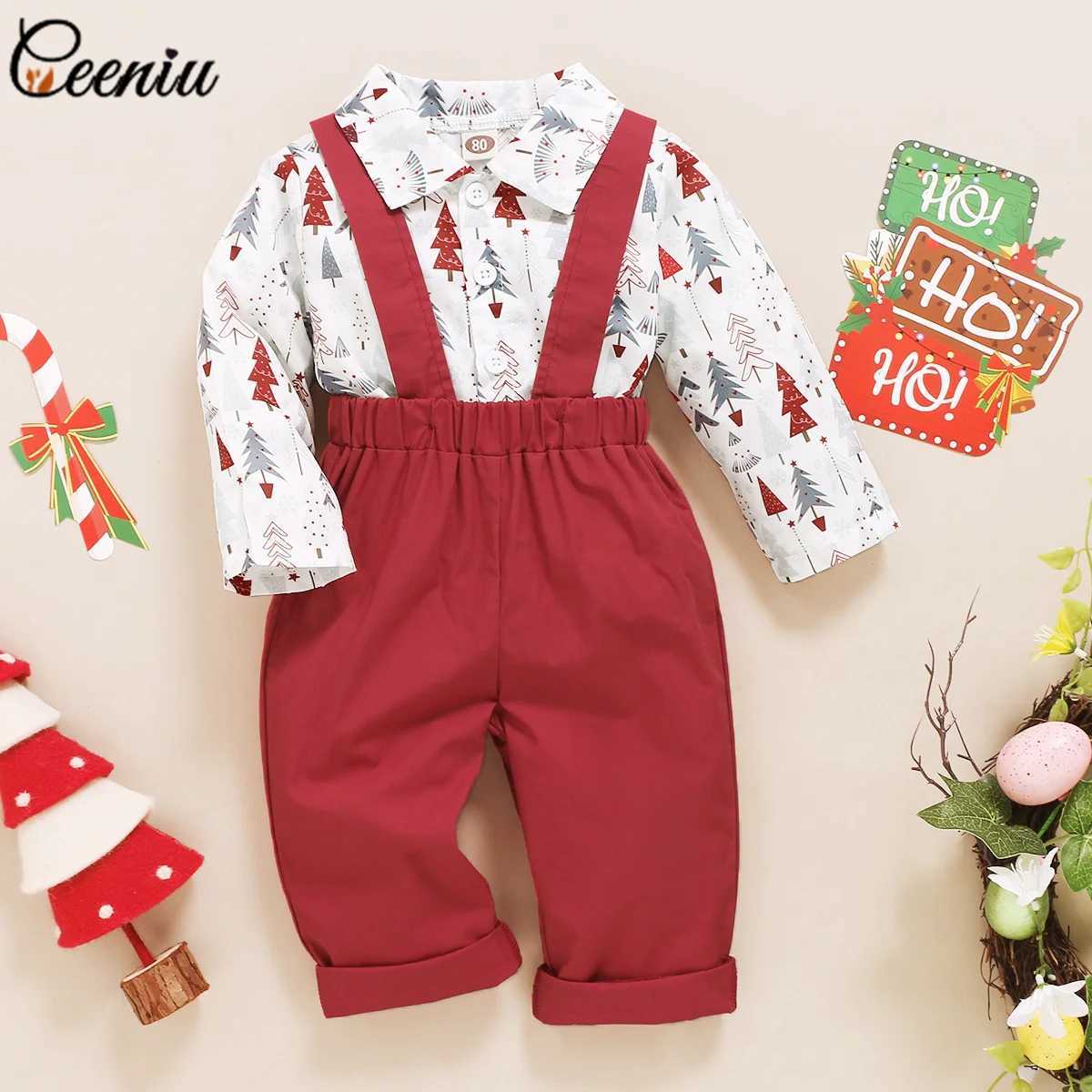 Christmas Sets For Baby New Year Costume Xmas Tree Shirts and Red Suspender Pants Toddler Boys Christmas Outfits For Kids W241213