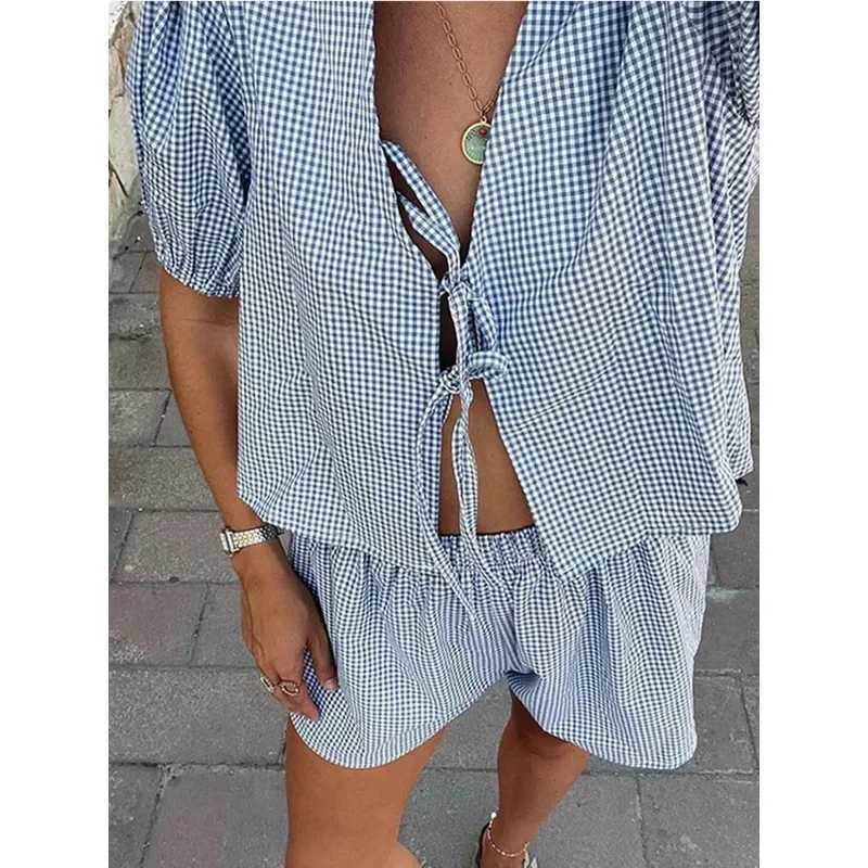 Women's Two Piece Pants Jinias summer trendy plaid lace up Shorts 2 piece set women 2024 fashion loose cropped tops short pants ladies short suit