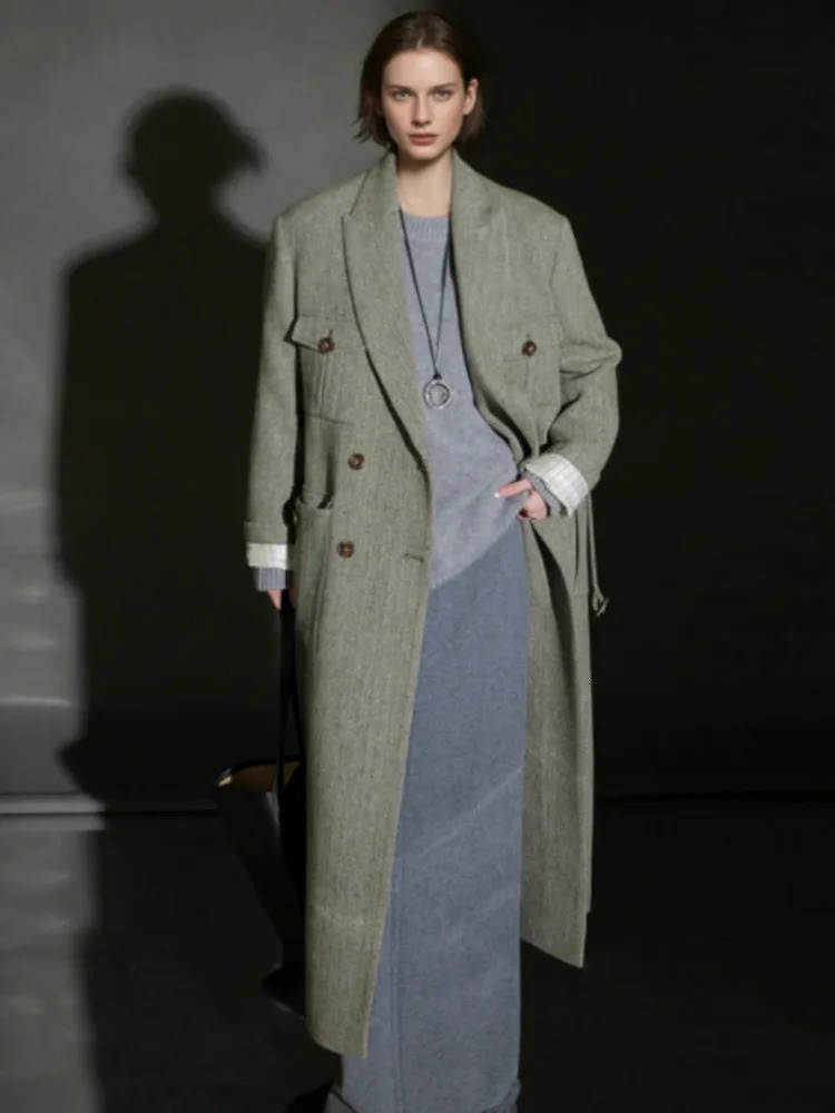 DFDG Herringbone Pattern Right Angled Shoulder n Temperament Cashmere Woolen Coat Autumn Winter For Women 241213