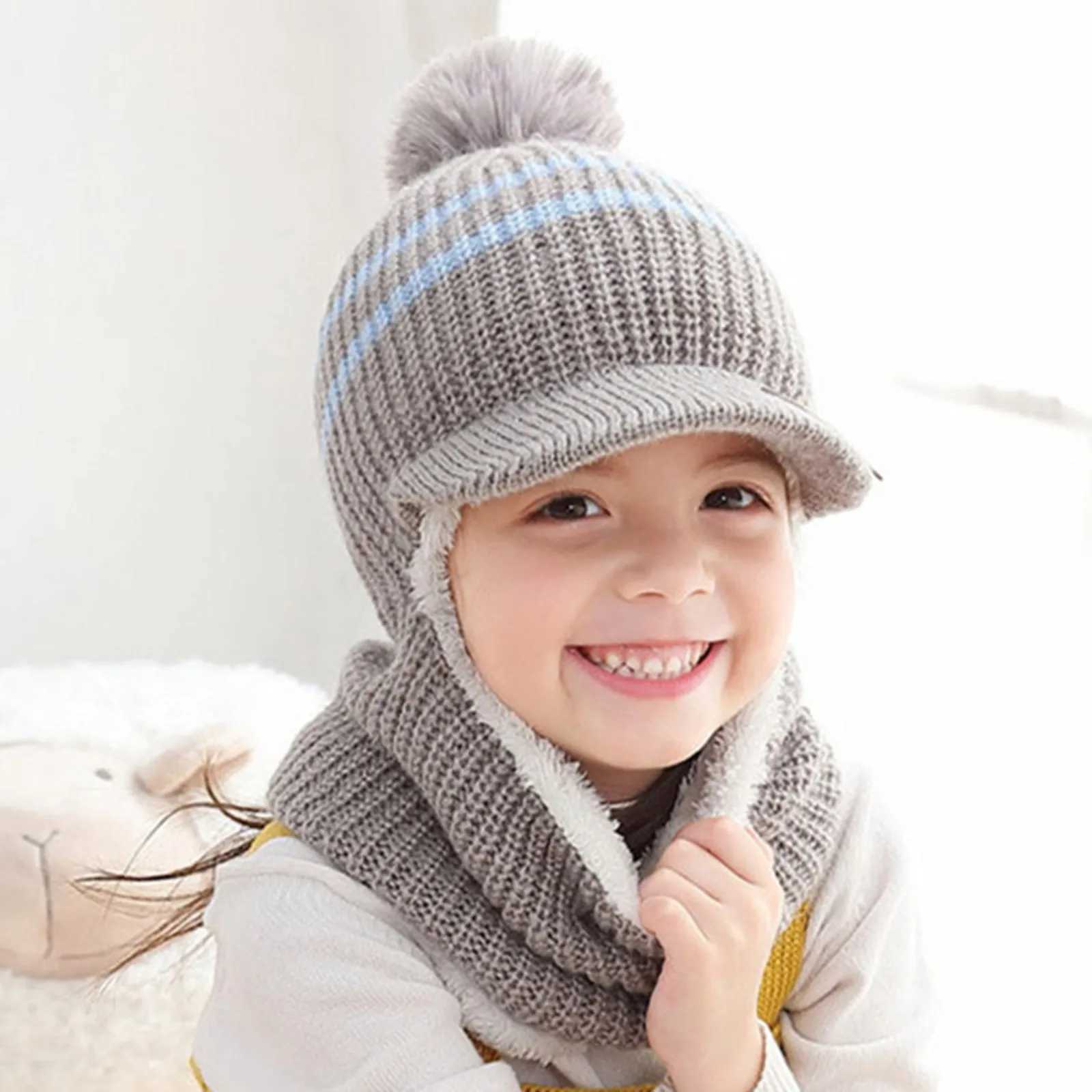 2024 Winter Kid Hooded Caps Windproof Ski Cycling Earflap Scarf Hat Toddler Baby Knit Thick Warm Beanie Cold Weather AccessoriesXJ241213